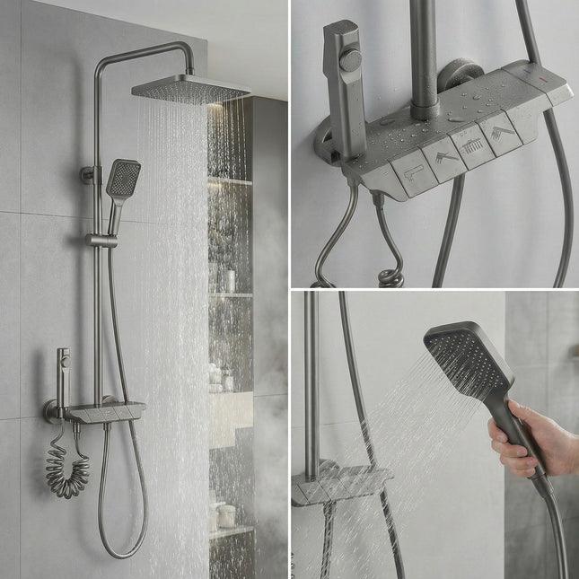 AKD Antrasit Piyano Tuşlu Lüks Robot Duş Seti - 4 Fonksiyonlu (Bakır Gövde)