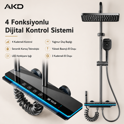 AKD Dijital Piyano Duş Seti | Antrasit Premium Yağmur Duş Sistemi