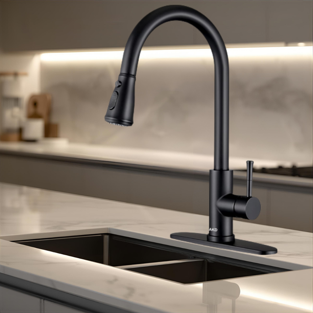 AKD Mat Siyah Çekilebilir Tek Kollu Modern Mutfak Bataryası