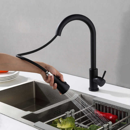 AKD Mat Siyah Çekilebilir Tek Kollu Modern Mutfak Bataryası