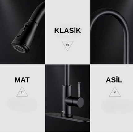 AKD Mat Siyah Çekilebilir Tek Kollu Modern Mutfak Bataryası