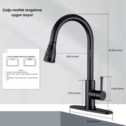 AKD Mat Siyah Çekilebilir Tek Kollu Modern Mutfak Bataryası