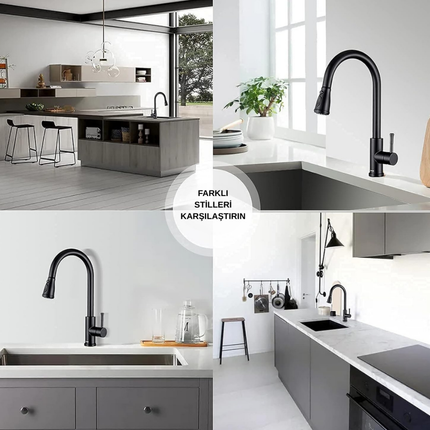 AKD Mat Siyah Çekilebilir Tek Kollu Modern Mutfak Bataryası